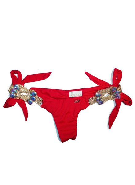 Regina’s Desire Swimwear Luxury Tie Side Bottom Italian Lycra Fabric Jeweled Swarovski Crystals (Red)