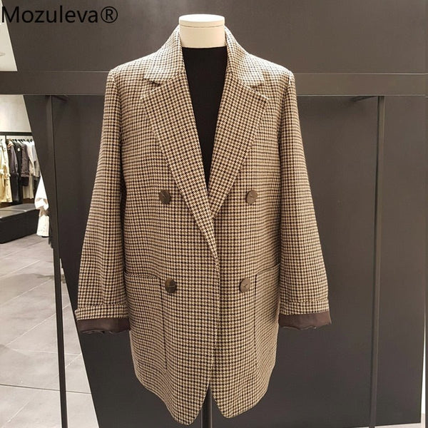 Mozuleva Korean Plaid Women Work Blazer Jacket Casual Double-Breasted Sashes Suit Jacket Female 2021 Slim Female Blazer Outwear
