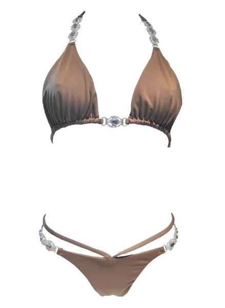 Regina’s Desire European Swimwear Swarovski Crystal Be-spangled Tango Bikini Top & Bottom (Brown)