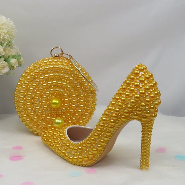 BaoYaFang Yellow Pearl Women Wedding Shoes With Matching Bags Bride High Heels Ladies Party Dress Shoes Woman Pointed Toe Pumps