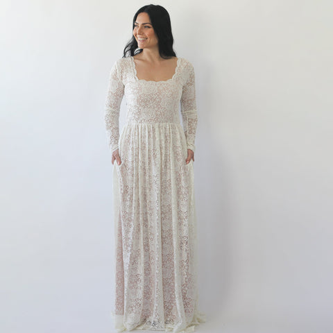 Blush Fashion Plus Size Lovely Ladies Ivory Vintage Inspired Pearl Color Long Sleeve Wedding Dress