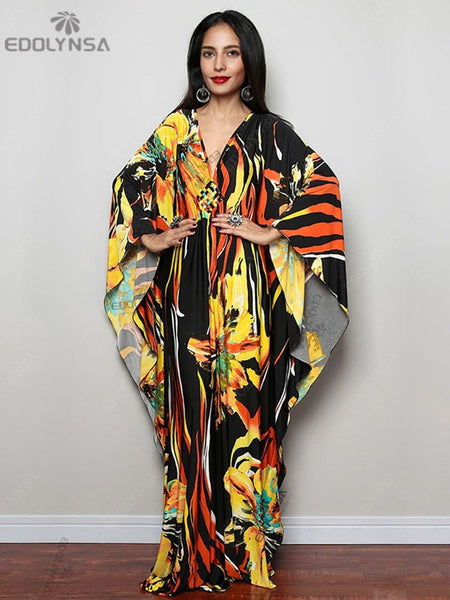 Wild Cornucopia Of Colors Exotic Print Maxi Dress Batwing Sleeve Tunic Spring / Autumn Beach Dress Casual Plus Size Women's Beachwear Kaftan Cover-Ups