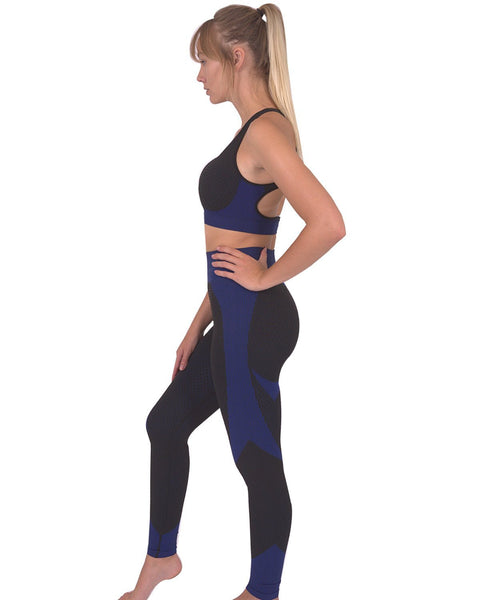 Trois Seamless Legging and Sports Bra Set - Pair With The  Seamless High Collared Cool Down Sports Workout Jacket By Savoy Active (Black/Navy)