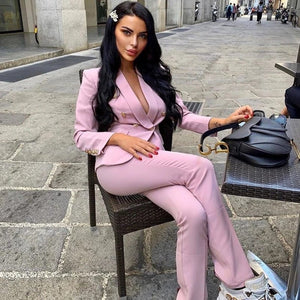Hot Sell Fashion Plus Pink/Red/Beige Pants Suit Women's Two Piece Business Classic Gold Button Detail Double Breasted Blazer & Pants Formal Wear Blazer Suits