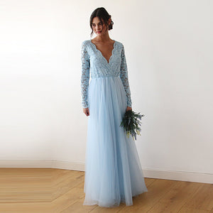 Blush Fashion Light Blue Tulle and Lace Long Sleeve Deep V-neckline Maxi Wedding Dress #1125