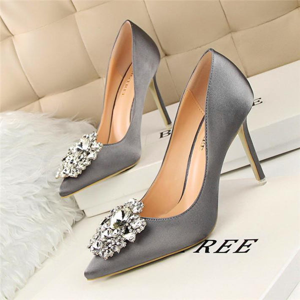 BIGTREE Flower Style Wedding Bridal Sexy Pointed Toe Women's Pumps Fashion Solid Silk Shallow High Heels 10cm