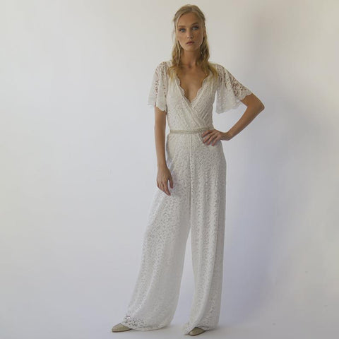 Blush Fashion V- Neckline Silk Tulle Bohemian Butterfly Sleeves Bridal Lace Jumpsuit With Belt #1309 (Ivory)