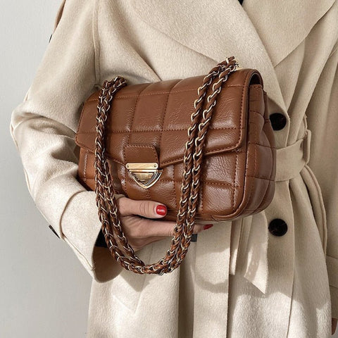 Fashion New Branded Trending PU Leather Women's 2022 Designer Handbag and Purses Chain Lattice Square Shoulder Crossbody Bag