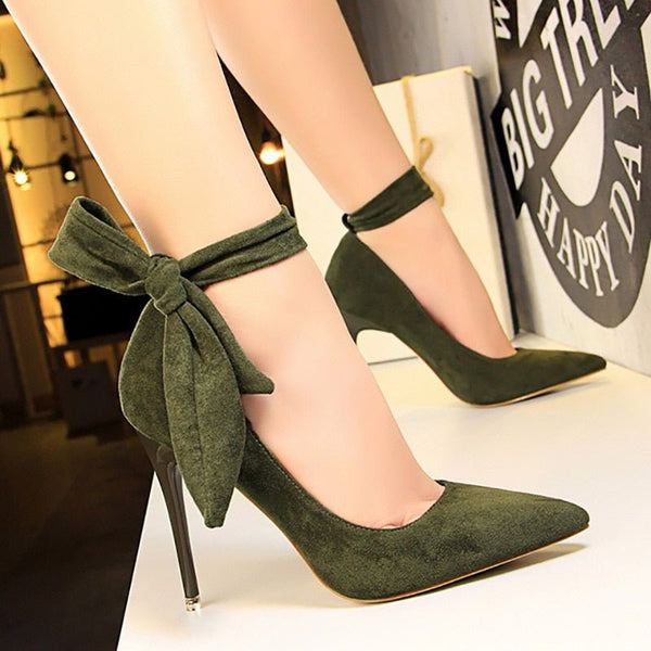 BIGTREE Shoes High Heels Suede Bow-Knot Women's Pumps Stiletto Ladies Shoes Women's Basic Pump Wedding Fashion Footwear