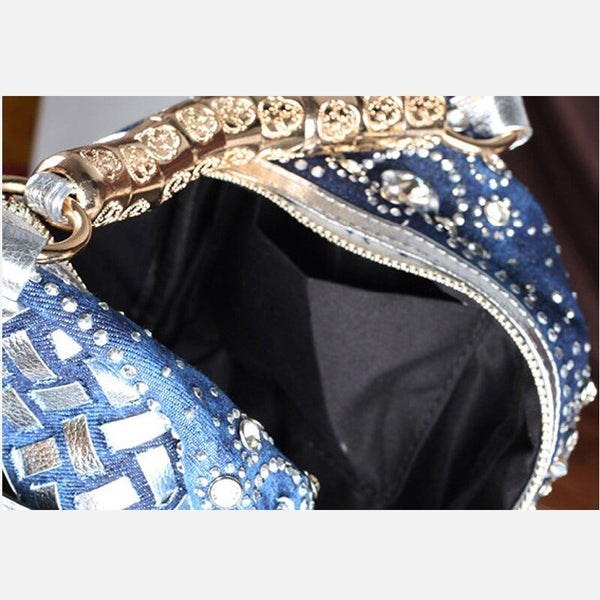 iPinee New For 2023 Designer Brand Name Woven Women's Top Handle Satchel Handbag Rhinestone & Studs Jeweled Denim Top Zipper Detail Bags