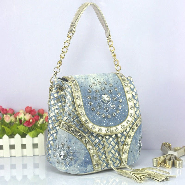 New For 2023 Designer Name Brand Rhinestone & Studs Jeweled Tassel Shoulder Bags Gold Chain Strap Detail Handbags Color Contrast Tote Bags Mochila