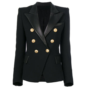 Factory Wholesale Luxurious Designing Gold Buttons Slim Women Plus Size PU Leather Black Blazer High Quality Jackets