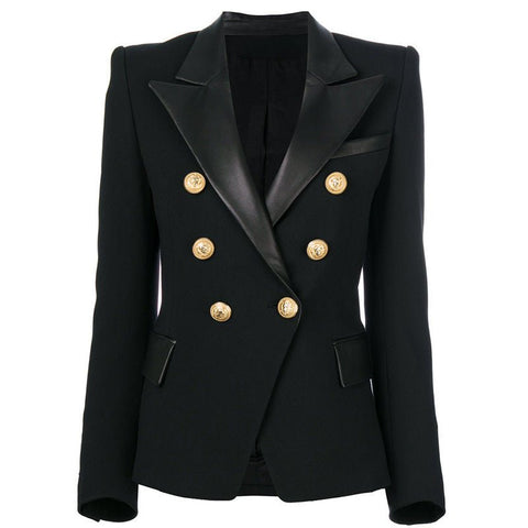 Factory Wholesale Luxurious Designing Gold Buttons Slim Women Plus Size PU Leather Black Blazer High Quality Jackets