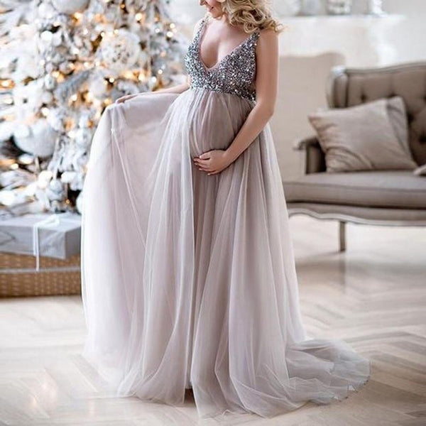 Women's Sequin Bespangled Maternity Formal Wear Gown Sleeveless Deep V-Neck Long Maxi Women's Formal Maternity Cocktail Gown Sukienki