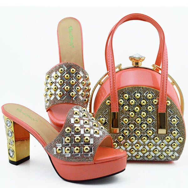 2020 Fashion Hot Selling Italian Design Lastest African Nigerian Metal Decoration  Party Ladies Shoes and Bag Set in Teal Color