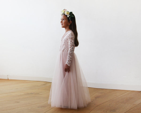 Blush Fashion Silk Tulle and Lace Long Sleeves Floor Length Pink Flower Girls Gown #5043