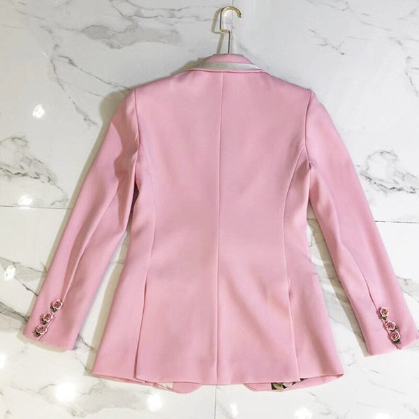 HIGH STREET Newest Fashion 2023 Designer Blazer Women's Long Sleeve Floral Lining Rose Buttons Pink Blazer Jacket By O'DRESSY