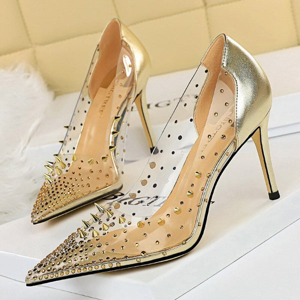 2021 Summer Women Transparent Studded 8.5cm High Heels Pumps Designer Crystal Rivets Valentine Heels Lady Wedding Bridal Shoes