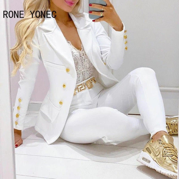 Women's Solid Color Polyester Blend Elegant Button & Pocket Detail Notched Collar Skinny Pants White Blazer Set By Rone  Yonec