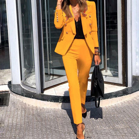 Hot Sell Blazer Suits Two Piece Sets Women's Solid Color Double Breasted Casual Office Pant Suit High Waisted Straight Leg Blazer Pant Suits