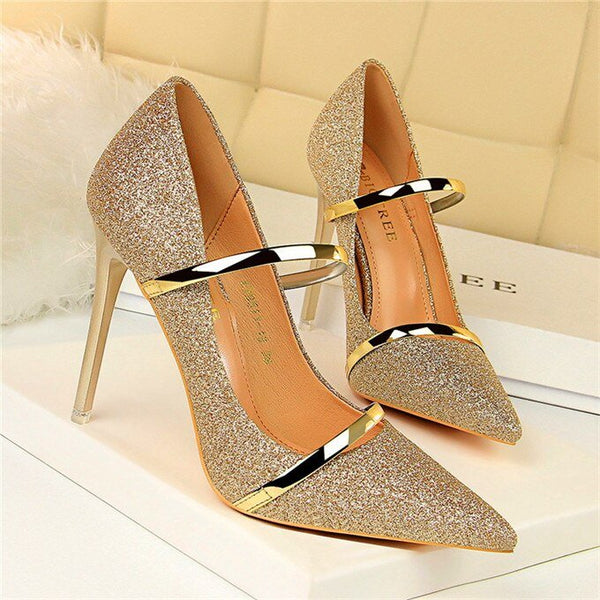 BIGTREE Sequined Cloth Women's Shoes Gold Double Word Band Shallow High Heels Pumps Pointed Toe Elegant Party Wedding Pumps