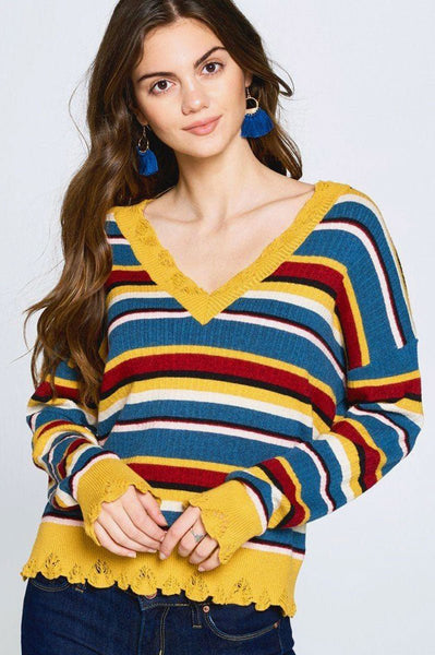 Floretta Flerida Polyester Blend Ruffle Hem Detail Multi/Mustard Variegated Striped Knit Sweater