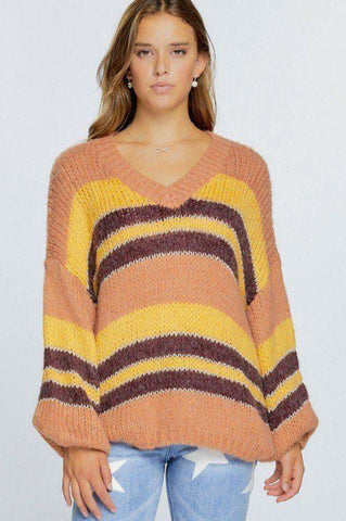 Savannah Susanna Acrylic Blend V-neckline Cozy Thick Knit Stripe Pullover Sweater (Rust)