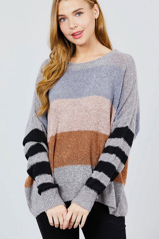 Laurah Tamarah Acrylic Blend Long Dolman Sleeve Multi-Color Round Neck Sweater (Charcoal Grey)