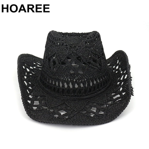 HOAREE Hand Knitting Western Cowboy Cowgirl Hat Straw Summer Hat Womens Sun Hat Hollow Out Beige Women Men Unisex Sunhat