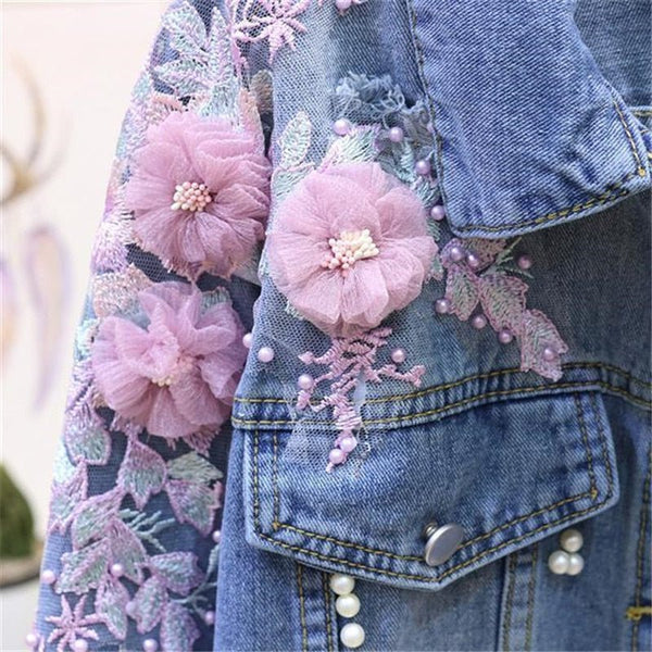 New Designer Name Brand Rhinestone & Studs Women's Denim Bomber Jeans Jacket Embroidery Three-Dimensional Floral Jeans Jacket Beading Pearl Distressed Outerwear