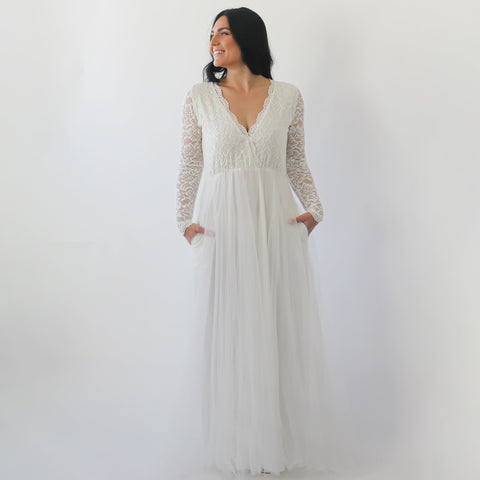 Blush Fashion Plus Size Lovely Ladies Ivory Lace Long Sleeves Pocket Detail Tulle Wedding Gown