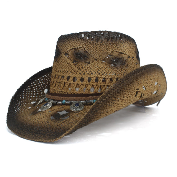 Retro Women Straw Hollow Western Cowboy Hat Lady Roll Up Brim Bohemia Tassel Sombrero Hombre Beach Cowgirl Jazz Sun Hat