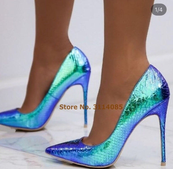 Women Fantastic Pink Blue Snakeskin Dress Pumps Multicolor Thin High Heels Shallow Python Gladiator Shoes Party Shoes Wedding