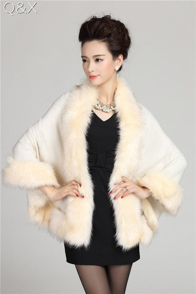 Autumn/Winter White Faux Fox Fur Cashmere Poncho Big Fur Collar Bridal Shawl