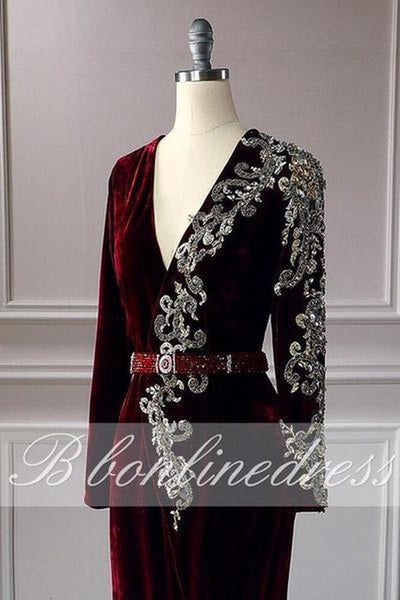 Bbonlinedress Moroccan Kaftan Evening Dresses Embroidery Appliques Long Evening Dress Full Sleeve Arabic Muslim Party-Dress