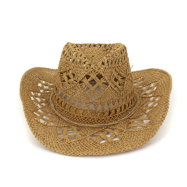 HOAREE Hand Knitting Western Cowboy Cowgirl Hat Straw Summer Hat Womens Sun Hat Hollow Out Beige Women Men Unisex Sunhat