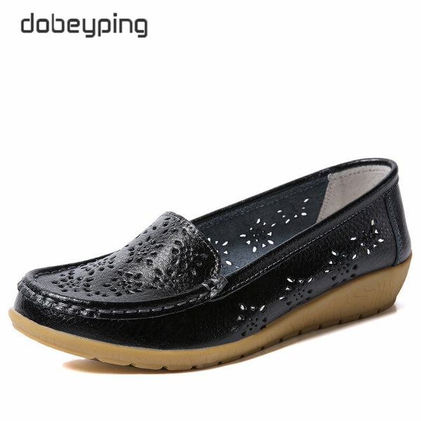 Fretwork Genuine Leather Women Shoes Cut-Outs Woman Loafers Hollow Women's Beach Flats Breathable Female Summer Shoe Dobeyping