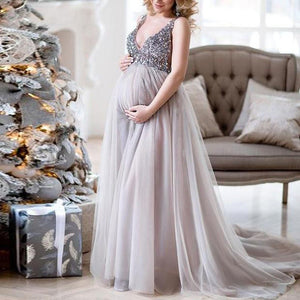 Women's Sequin Bespangled Maternity Formal Wear Gown Sleeveless Deep V-Neck Cocktail Long Maxi Women's Formal Maternity Gown Sukienki