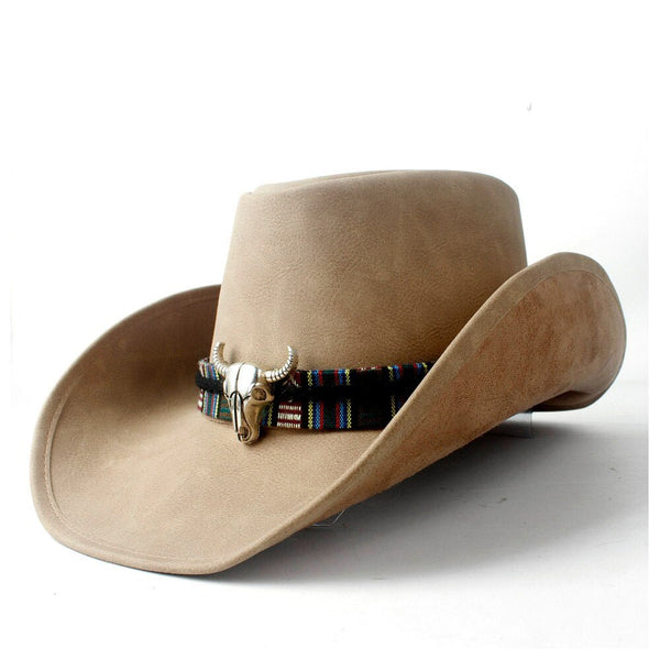 Retro Unisex Leather Hat Wide Brim Cowboy Cowgirl Western Hat Cow Head Leather Band