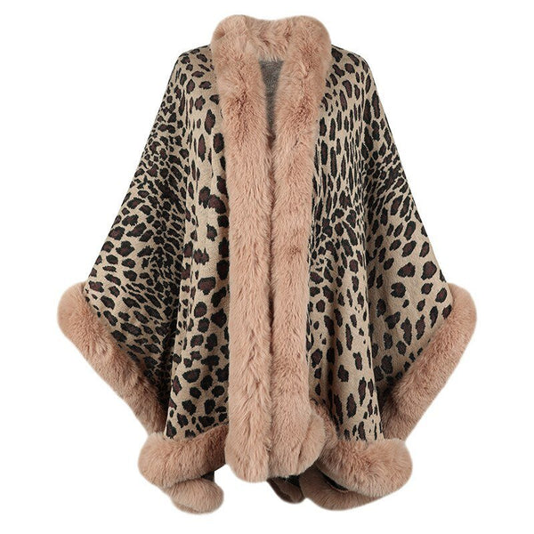 Winter Warm Poncho Fur Collar Cape Vintage Leopard Cardigan Batwing Sleeve Shawl