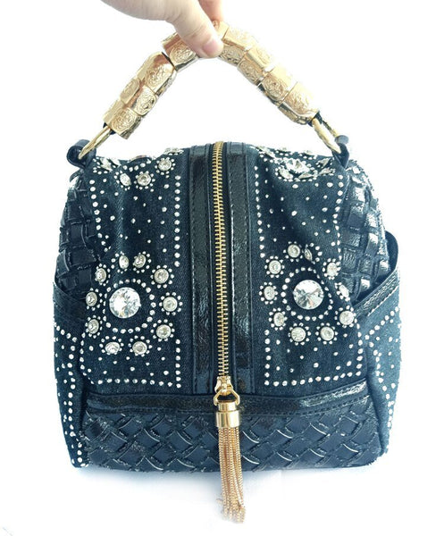 iPinee New For 2023 Designer Brand Name Woven Women's Top Handle Satchel Handbag Rhinestone & Studs Jeweled Denim Top Zipper Detail Bags