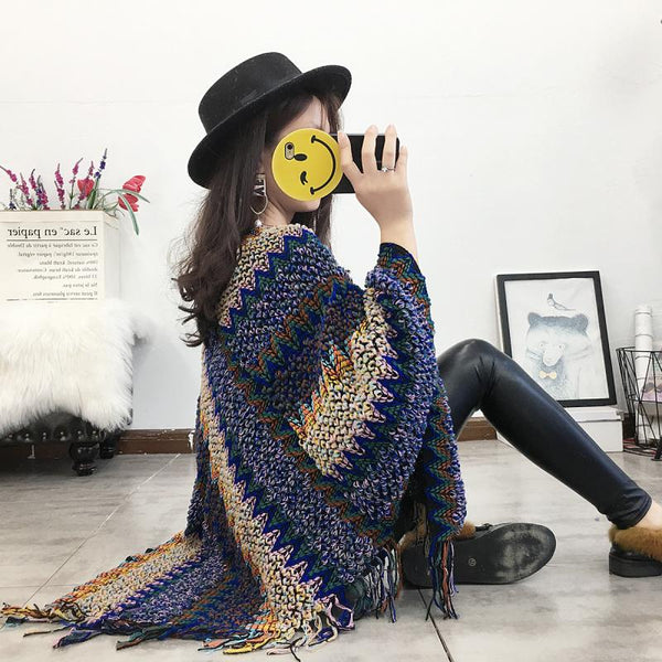 Knit Poncho Tassel Pullover Cloak New Red Bohemian Female Ponchos Capes