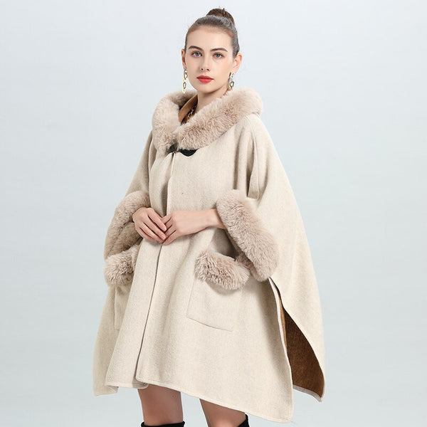 2022 Fashion Women Long Cardigan Streetwear Cloak With Hat Faux Fur Pocket Loose Poncho Coat Winter Thick Horn Buckle Capes
