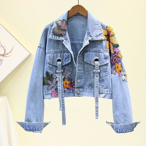 New For 2023 Designer Brand Name Strappy Grommet Detail Women's Denim Jacket Embroidery Sequined Jeans Jacket Long Sleeve Jaqueta Casual Loose Short Streetwear Jacket