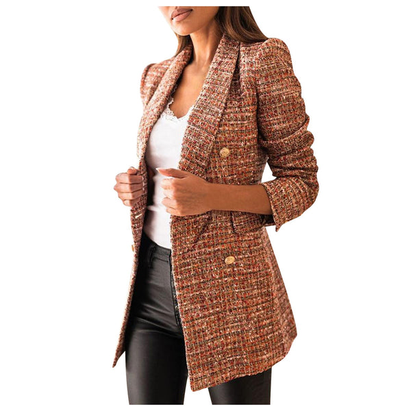 TRAF Women's Suit Jacket Blazer Plaid Slim Fashion Long-Sleeved Casual Collar Printed Pocket Ladies Business Female Blazer Coat #40