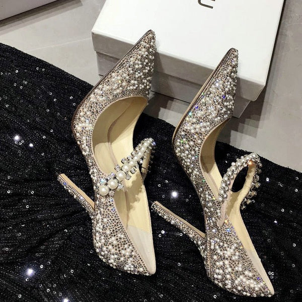 Luxury Brand Women Rhinestone Pumps Pointed Toe Heel String Bead Wedding Shoes Women Elegant Design High Heels Ladies Pumps