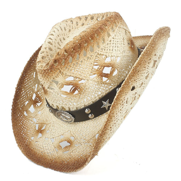 SummerWomen Men Straw Hollow Western Cowboy Hat With Punk BrandSombrero Hombre Beach Cowgirl Jazz Sun Hat Size 56-58cm