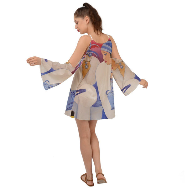 Pamela Palm Beach 100% Polyester Multi-Color Urban Art Graphic Design Kimono Sleeve Boho Inspired Mini Dress Ensemble By Sharon Tatem LLC