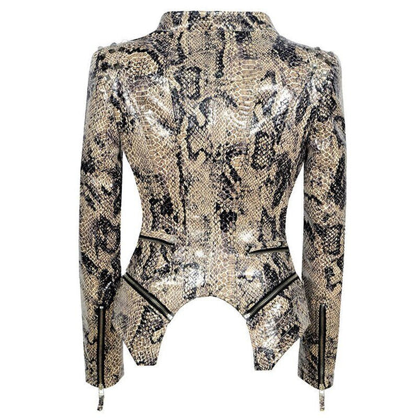 2020 HOT Gothic PU Faux Leather Jacket Zipper  Women Rivet Winter Autumn Motorcycle Snake Print Coat Studs Slim Casual Outerwear