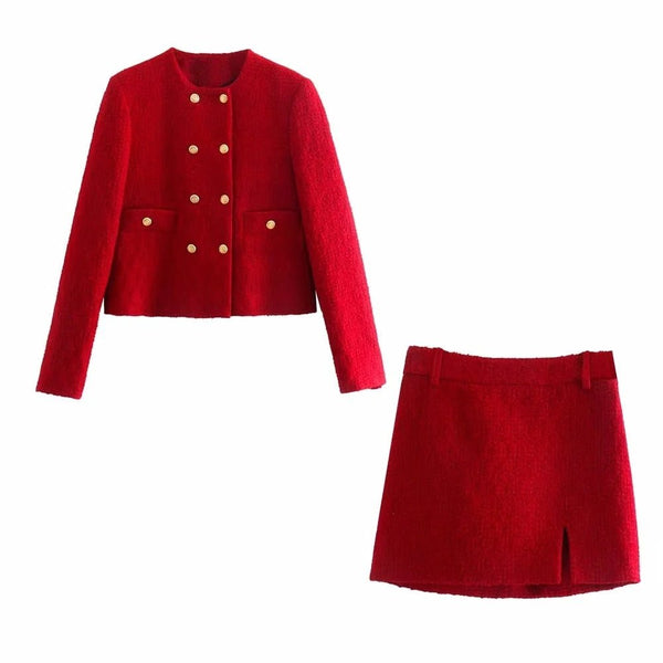 XEASY Polyester Tweed Two-Piece Vintage Office Ladies Long Sleeve Double Breasted Button Detail Blazer-High Rise Mini Skirt Suit Set (Dark Red)